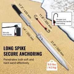 36-inch galvanized steel sand spike anchor with non-slip grip handle, long spike, and bungee cord for boat securing.