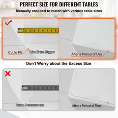 Diagram showing clear PVC table protector cut to fit various table sizes with measuring tape.