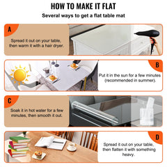 Infographic showing four methods to flatten a clear PVC table protector using heat and weights.