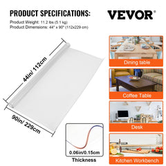Clear PVC table protector, 44x90 inches, 1.5mm thick, suitable for dining or office surfaces.