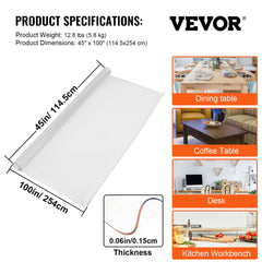 Clear 45x100 inch PVC table protector, 1.5mm thick, shown with dimensions and on tables.