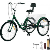 Green 24-inch folding adult tricycle with three wheels, rear basket, and adjustable seat.