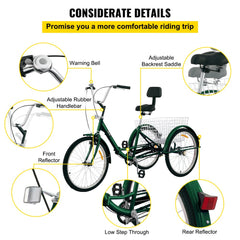 Green 24" folding adult tricycle with adjustable seat, backrest, basket, and reflectors.