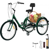 Green 24-inch folding adult tricycle with 7-speed shifter and rear basket.