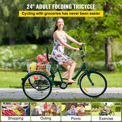 A woman rides a green 24-inch folding adult tricycle with a rear basket full of groceries.