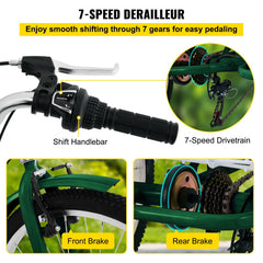 Green 24-inch folding adult tricycle with 7-speed derailleur, shift handlebar, and brakes.