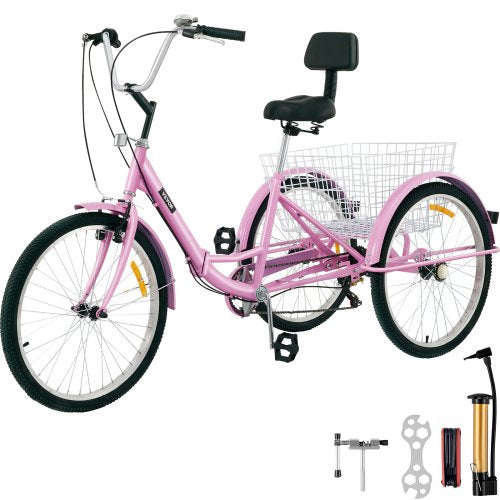 Pink 24-inch folding adult tricycle with 7-speed shifter, rear basket, and accessories.