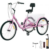 Pink 24-inch folding adult tricycle with 7-speed shifter, rear basket, and accessories.