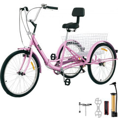 Pink 24-inch folding adult tricycle with 7-speed shifter, rear basket, and accessories.