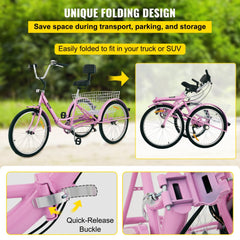 Pink 24-inch folding adult tricycle with 7-speed shifter, rear basket, and folded view.