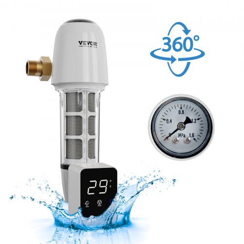 Bostome 40 Micron Whole House Spin Down Sediment Filter with stainless steel screen and pressure gauge.