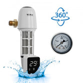 Bostome 40 Micron Whole House Spin Down Sediment Filter with stainless steel screen and pressure gauge.