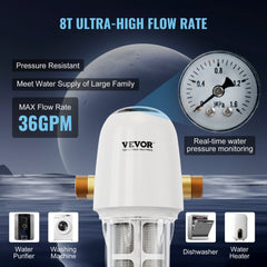 Bostome 40 Micron Whole House Spin Down Sediment Filter with stainless steel screen and pressure gauge.