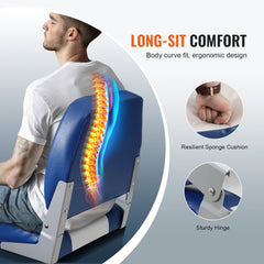 Blue folding boat seat with low back, thick cushion, ergonomic spine support, and sturdy hinge.