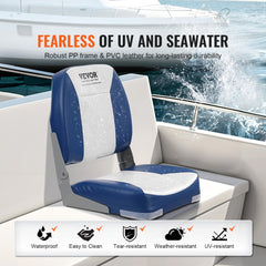 Blue and white low-back folding boat seat with thick cushion on a white boat deck.