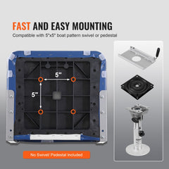 Low-back folding boat seat with thick cushion, showing 5x5 mount pattern and swivel pedestal.