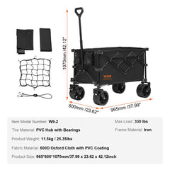 Collapsible folding wagon with all-terrain tires, adjustable handle, and durable fabric.