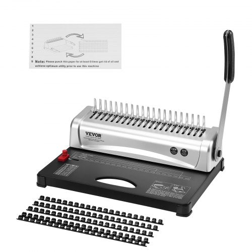 Bostome comb binding machine with 21-hole punch, lever handle, and included combs on a black base.