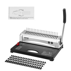Silver Bostome comb binding machine with 21-hole punch, lever handle, and included black plastic combs.