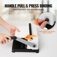 Manual coil binding machine punching 34 holes in A4 paper sheets with adjustable coil spine.