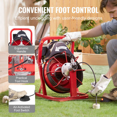 Bostome Electric Drain Auger with 50FT steel cable and four interchangeable cutters for clogs.