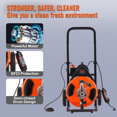 Bostome 75FT drain cleaning machine with auto feed and 4 interchangeable cutters for pipe clogs.