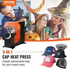 Orange 3-in-1 auto hat heat press machine with interchangeable platens for customizing hats.