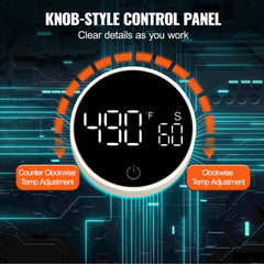 Digital knob control panel showing 490 degrees Fahrenheit temperature setting on heat press.