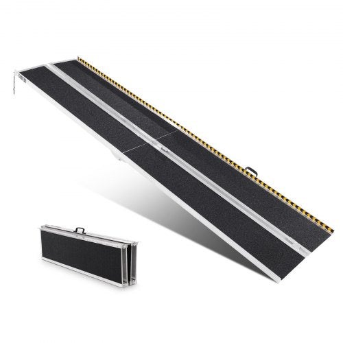 A 10ft folding aluminum wheelchair ramp with a non-slip surface and carry handle.