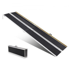 A 10ft folding aluminum wheelchair ramp with a non-slip surface and carry handle.