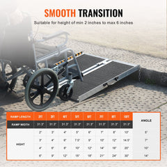 Aluminum folding wheelchair ramp with non-slip surface, carrying handle, and reflective strips.