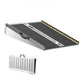 A silver aluminum folding wheelchair ramp is shown in both extended and folded forms.