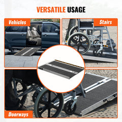 Collage showing 3 ft aluminum folding wheelchair ramp used for vehicles, stairs, and doorways.