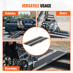 Foldable aluminum wheelchair ramp with non-slip surface shown on stairs, vehicle, and doorway.