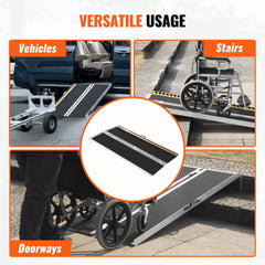 Folding aluminum wheelchair ramp with a non-slip surface and carry handle for easy transport.