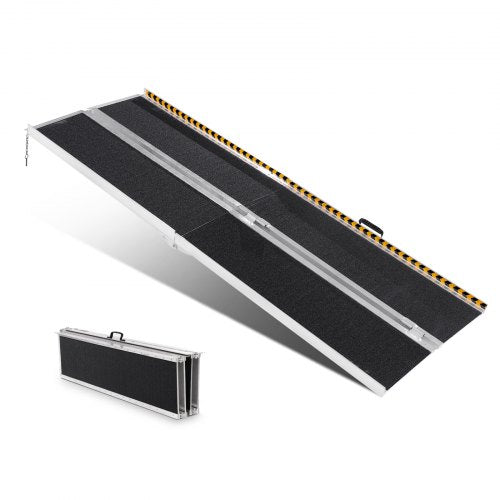 Aluminum folding wheelchair ramp, 7 feet long, with a non-slip surface and carry handle.