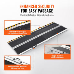 Aluminum folding wheelchair ramp, 7ft long, with non-slip surface and carry handle.