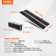 8 ft folding aluminum wheelchair ramp with 800 lbs capacity and non-slip surface.