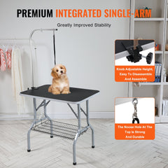 Foldable pet grooming table with stainless steel construction, adjustable arms, and non-slip pads.