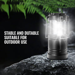 Set of four collapsible LED camping lanterns with a foldable hook and magnetic base.
