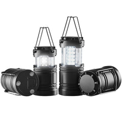 Set of four collapsible battery-powered LED camping lanterns with 360° illumination.