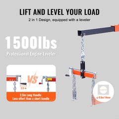 Foldable 2-ton hydraulic engine hoist with 1500-lb leveler, long handle, and chain.