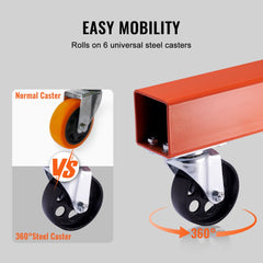 Diagram comparing normal orange casters to 360-degree universal steel casters on a red frame for easy mobility.