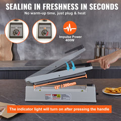 Bostome 12" impulse sealer with adjustable heat levels and durable aluminum case for plastic bags.