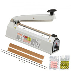 White 8-inch manual impulse sealer with adjustable temperature dial, sealing bar, and accessory bags.