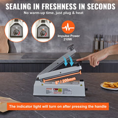 White 8-inch manual impulse heat sealer with adjustable temperature dial and hand press on gray surface.