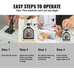Infographic showing four steps to operate the 8-inch impulse sealer: plug in, adjust timer, place bag, and press handle.