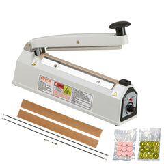 White 8-inch manual impulse sealer with adjustable temperature dial, sealing bars, and sample sealed bags.