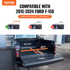 Black tri-fold tonneau cover for 2015-2024 Ford F-150 with LED light and heavy-duty design.
