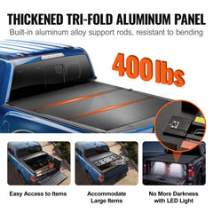 Black tri-fold tonneau cover for 2015-2024 Ford F-150 with aluminum alloy and waterproof lining.